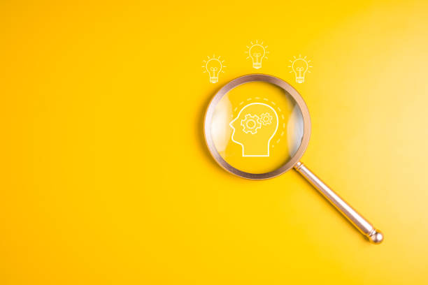 istock Human head and light bulb icons with magnifying glass for creative idea thinking and innovation, Business strategy planning management, Business development, Quality control of business goal 1605843892