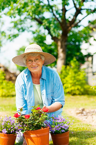 senior donna con fiori in giardino - manual worker glasses gardening domestic life foto e immagini stock