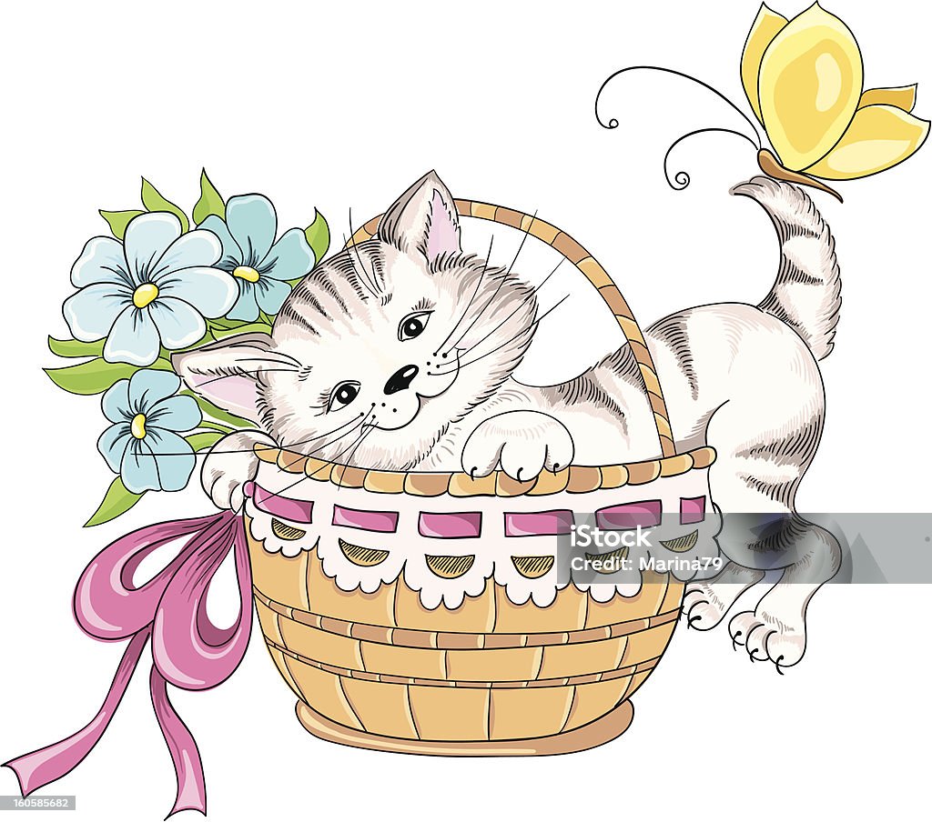 Vecteur main dessin kitty et bouquet de fleurs dans le panier - clipart vectoriel de Amour libre de droits