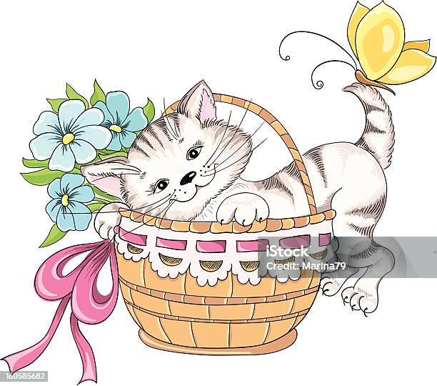 Wektor Ręcznie Rysowane Kitty I Bukiet Kwiatów W Koszu - Stockowe grafiki wektorowe i więcej obrazów Bazgroły - Rysunek