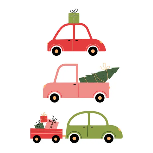 Vector illustration of Christmas vector set with cars, fir trees and gifts on a white background.