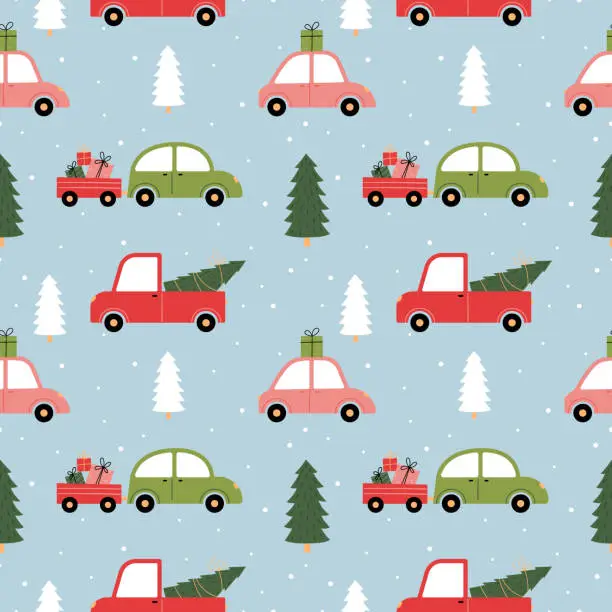 Vector illustration of Seamless Christmas pattern with a variety of cars, Christmas trees and gifts on a blue background.