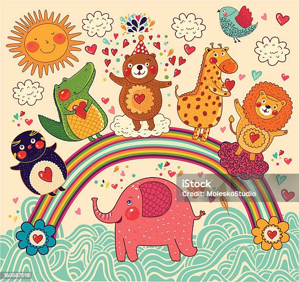 Happy Animals Stock Illustration - Download Image Now - Penguin, Rainbow, Animal