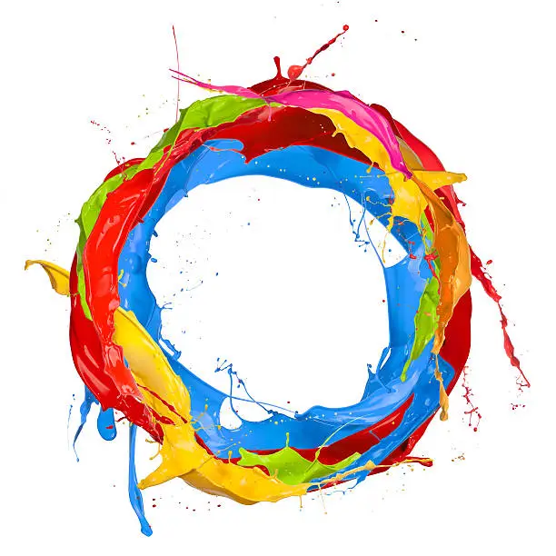Isolated shot of colored splashes in circle on white background