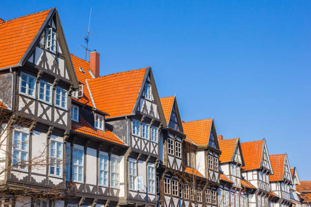 istock Row of historic half timbered rooftops in Wolfenbuttel 1605878979