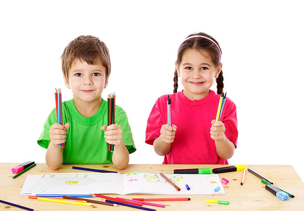 istock Two little kids with color pencils 160588648