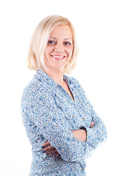istock Attractive blonde employee in blue shirt smiling 160589047