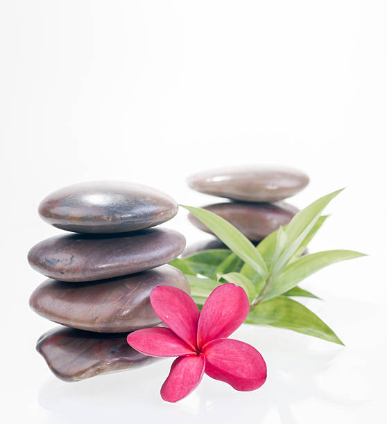 istock Red frangipani flower with stacked  river stones 160589366