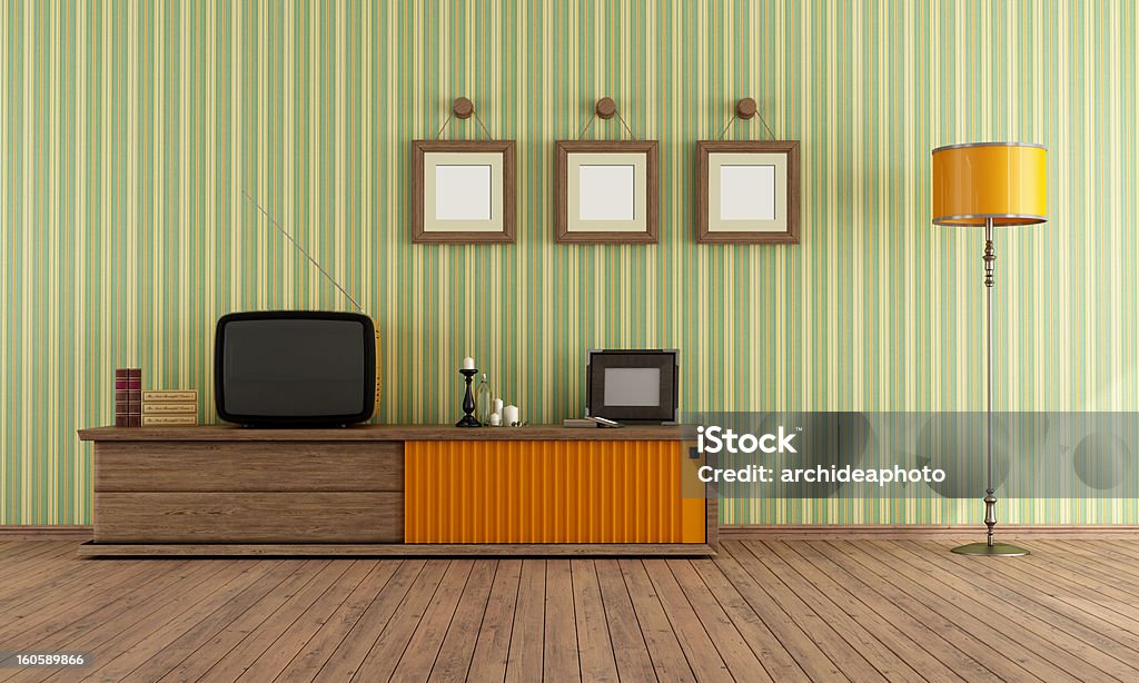 Retro  TV in a living room Vintage living room with retro  TV - rendering Retro Style Stock Photo