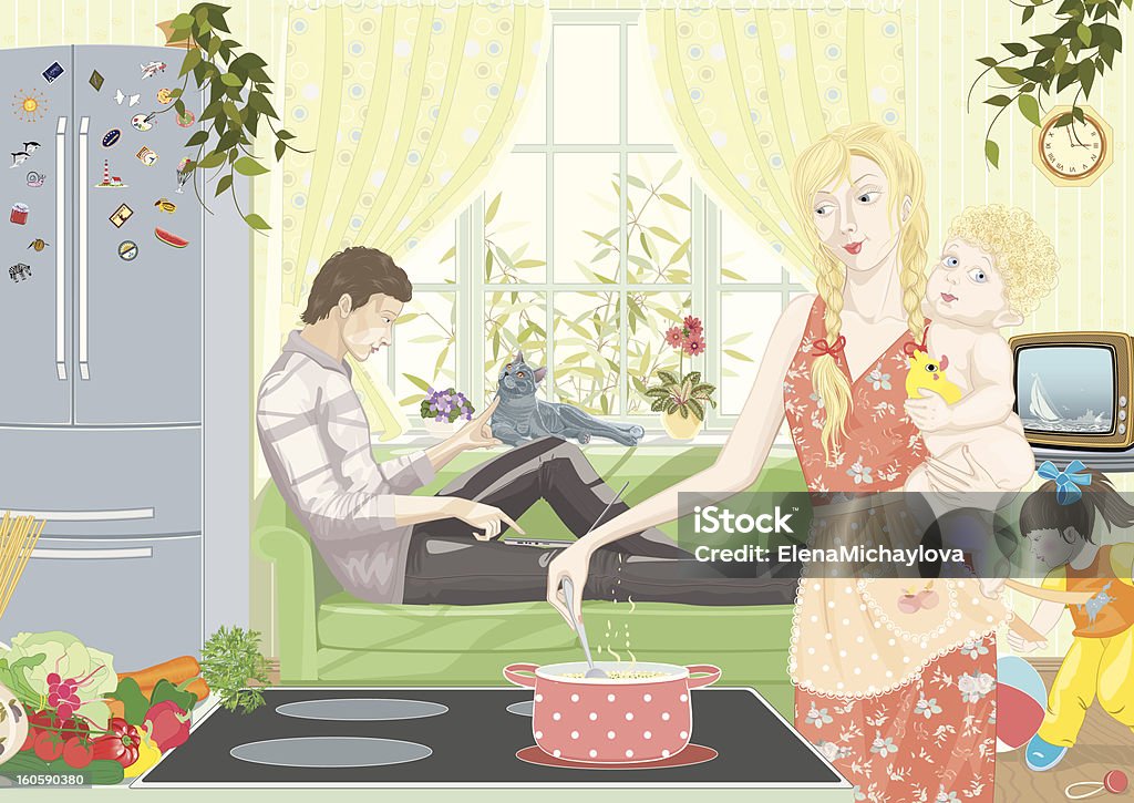 Home life Family with two children at home. A wife preparing dinner with a child in her arms. A husband relaxing on the couch with a laptop. A little girl playing with a ball. Adult stock vector