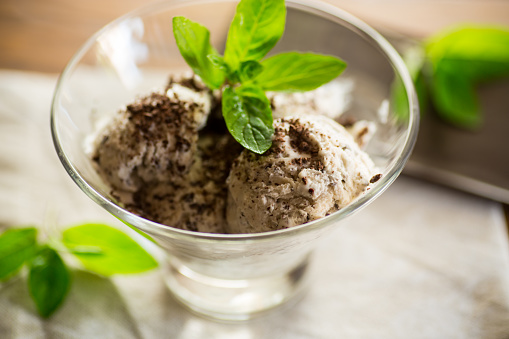 homemade ice cream with pieces of grated dark chocolate, in a bowl on a wooden table.