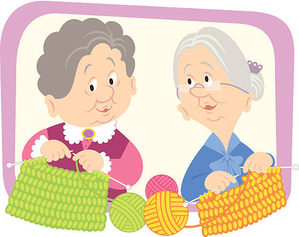 Talk Two senior women are knitting. old ladies gossiping stock illustrations
