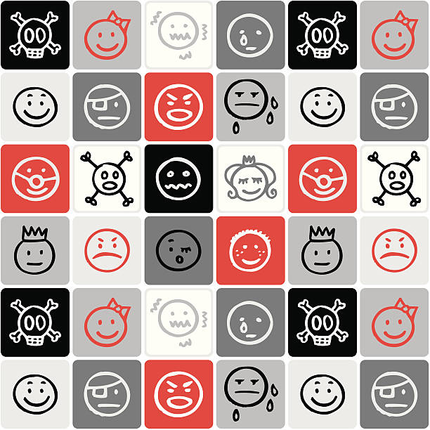 Faces checked pattern vector hand drawn icons - moods & skulls female clown faces drawing stock illustrations