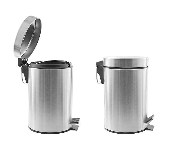 Trash cans isolated Two metal trash cans, one open, one closed, isolated on white. wastepaper basket photos stock pictures, royalty-free photos & images