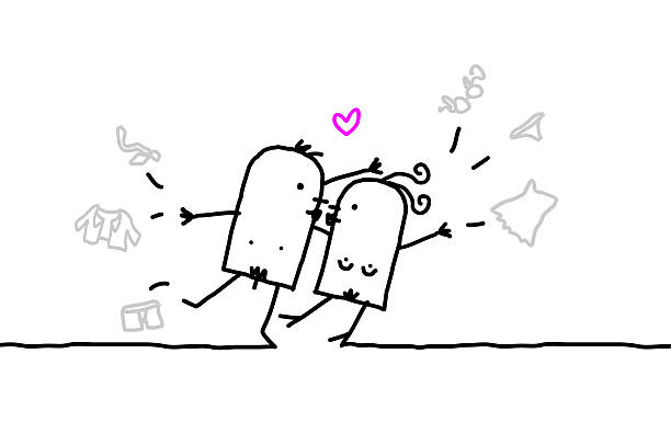 loving couple vector hand drawn characters line - lovers & sex theme - drawing of the man seducing woman stock illustrations