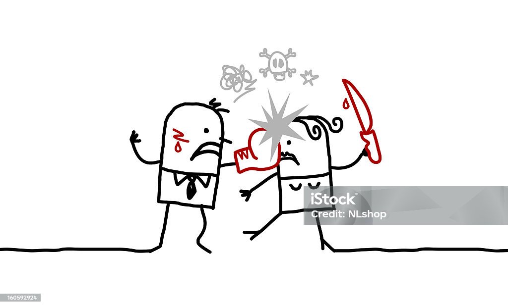 violent couple vector hand drawn characters line - anger & violence theme - Punching stock vector