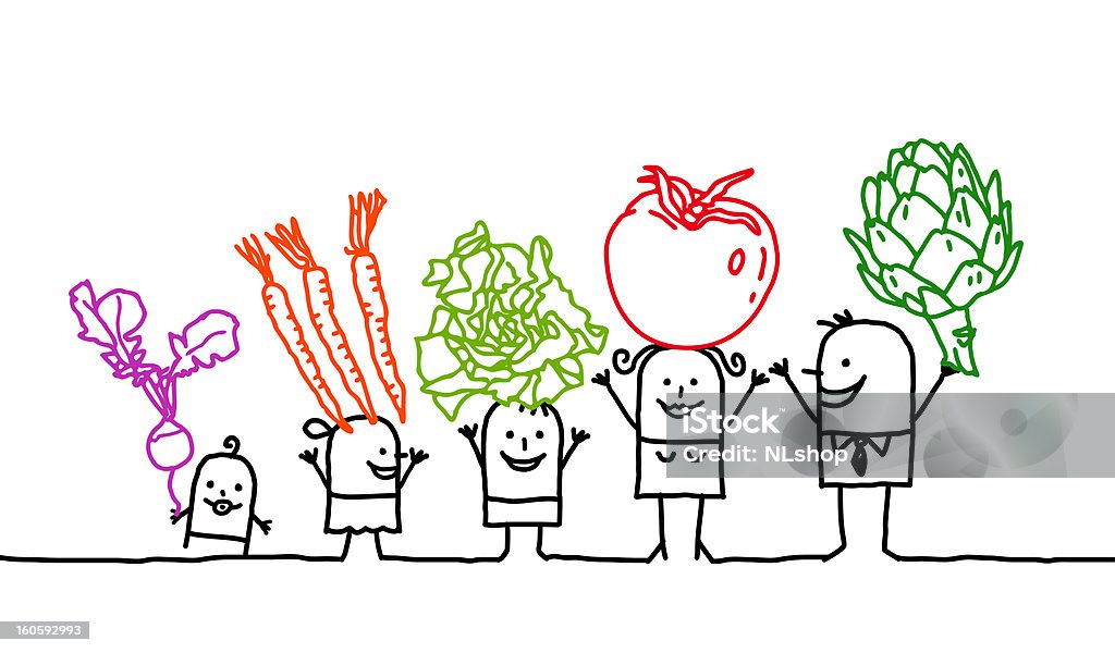 family &amp; vegetables vector hand drawn characters line - family & vegetables theme - Artichoke stock vector