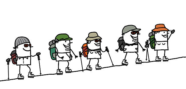 illustrazioni stock, clip art, cartoni animati e icone di tendenza di escursioni in montagna di gruppo - marche