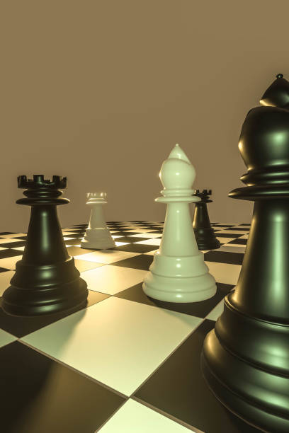 3D render depicting a chess scene in which two bishops are seen