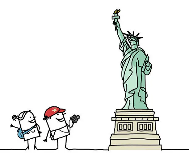Vector illustration of tourists & Statue of Liberty