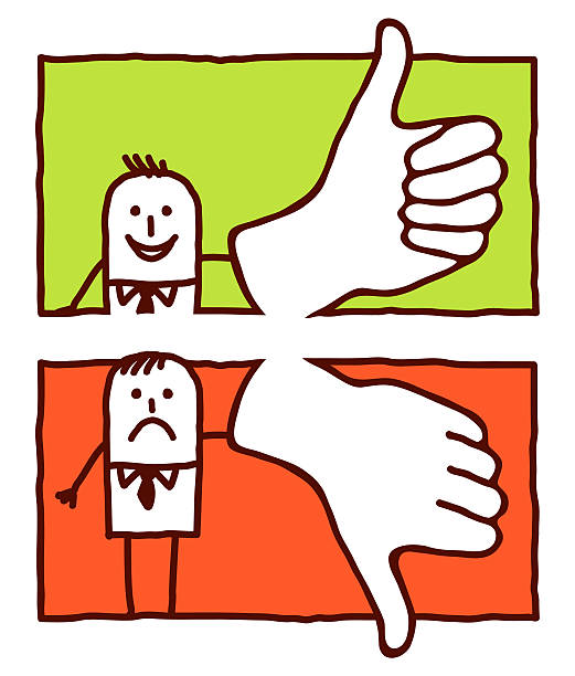man with thumbs up & down 2 rectangular labels with vector hand drawn characters - man with thumbs up & down yes no icon stock illustrations