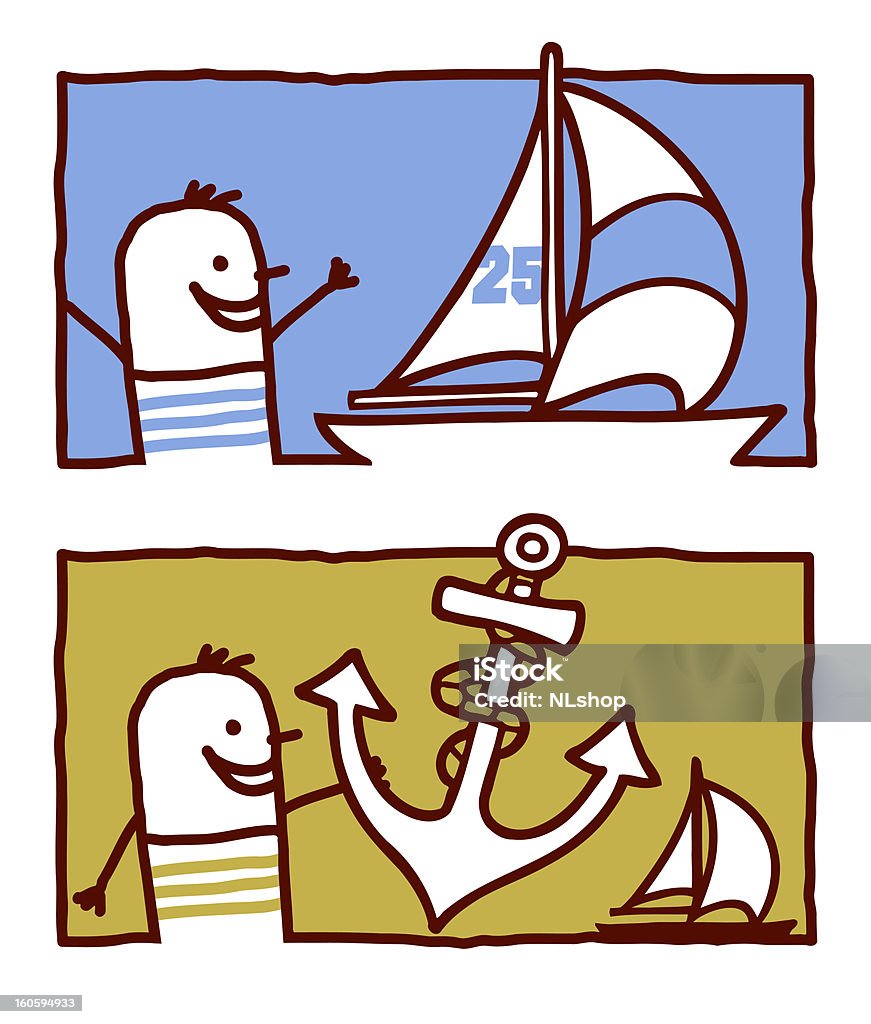 sailor with yacht &amp; anchor 2 rectangular labels with vector hand drawn characters  - sailor with yacht & anchor Adult stock vector