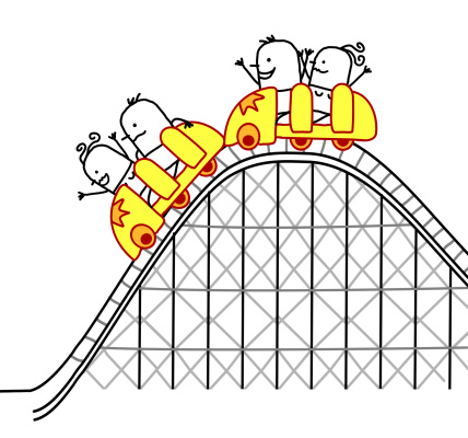 vector hand drawn cartoon characters - people riding a roller coaster