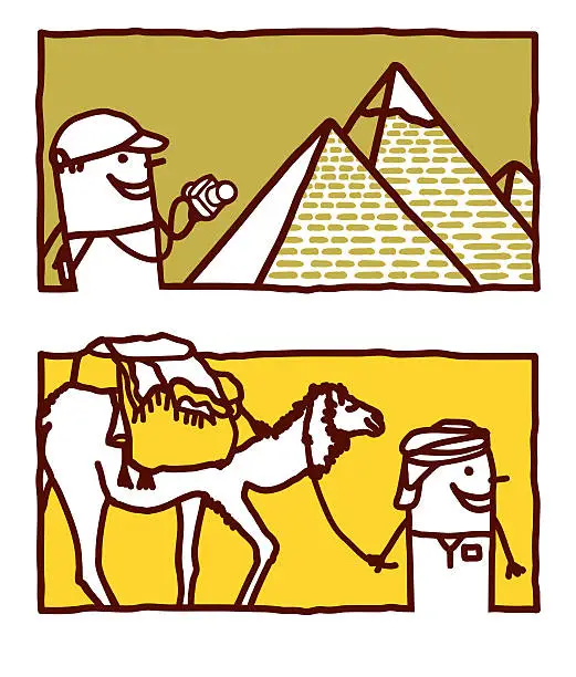 Vector illustration of tourist watching Pyramids & nomad with camel