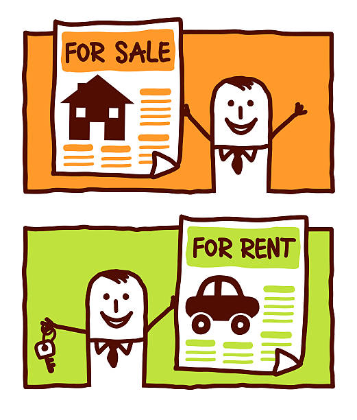 businessman selling houses & renting cars 2 rectangular labels with vector hand drawn characters -businessman selling houses & renting cars cartoon of a sold real estate sign stock illustrations
