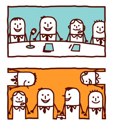2 rectangular labels with vector hand drawn characters  - conference & business teams
