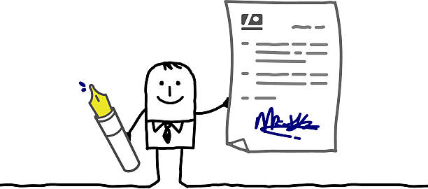 businessman signing a contract vector hand drawn cartoon characters - businessman signing a contract funny contract stock illustrations