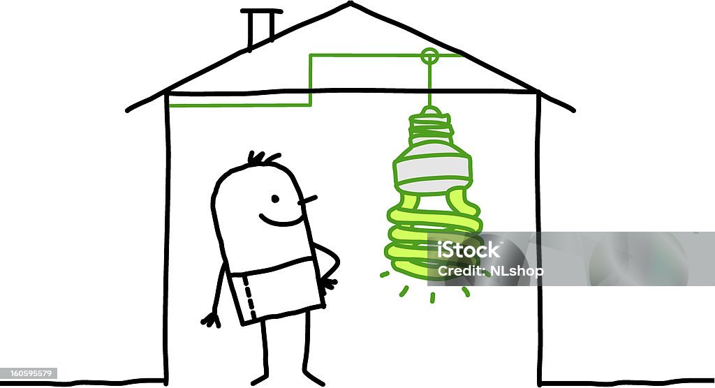 man in house &amp; low-power light bulb vector hand drawn cartoon characters - man in house & low-power light bulb Fuel and Power Generation stock vector