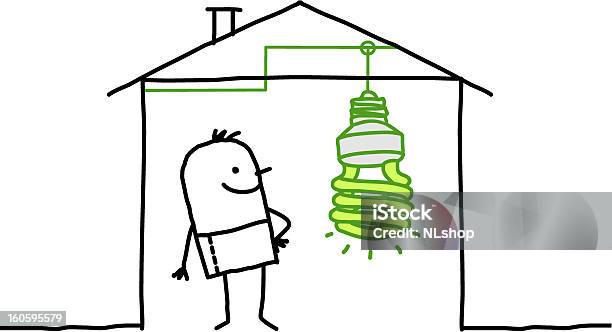 Man In House Amp Lowpower Light Bulb Stock Illustration - Download Image Now - Fuel and Power Generation, Adult, Built Structure