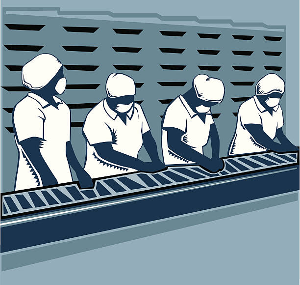 female workers at production line Wood carved style illustration of four female workers in a production line, wearing a protective mask. factory worker silhouette stock illustrations