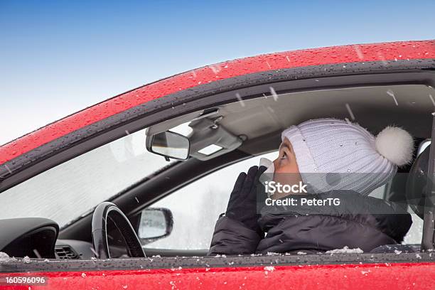 Rapariga Engraçada Sneezes Em Um Carro - Fotografias de stock e mais imagens de Carro - Carro, Constipação e Gripe, A nevar