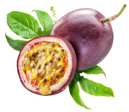 Dark purple passion fruit and it's half with seedly interior on white background. File contains clipping path.