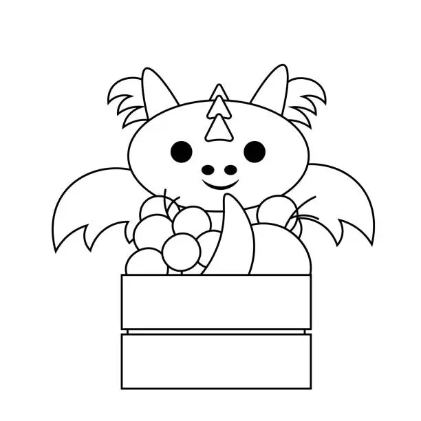 Vector illustration of Cute cartoon Dragon with fruit in wooden box in black and white