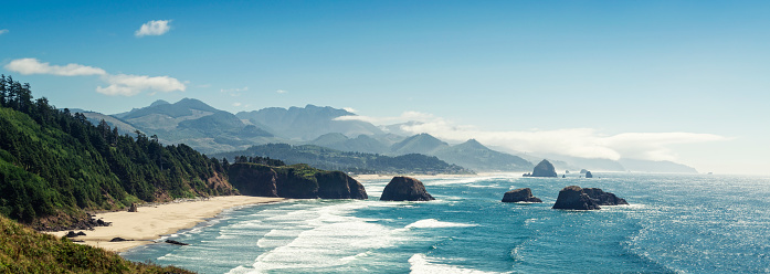 Panoramic Shot of Cannon Beach, Oregon. View from Ecola State Park in Cannon Beach, Oregon.