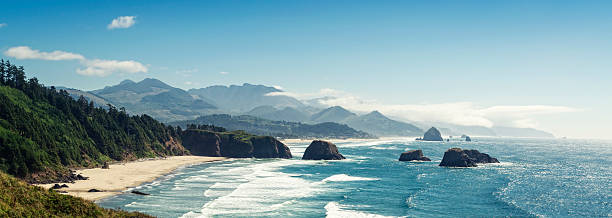Panoramic Shot of Cannon Beach, Oregon Panoramic Shot of Cannon Beach, Oregon. View from Ecola State Park in Cannon Beach, Oregon. pacific coast stock pictures, royalty-free photos & images