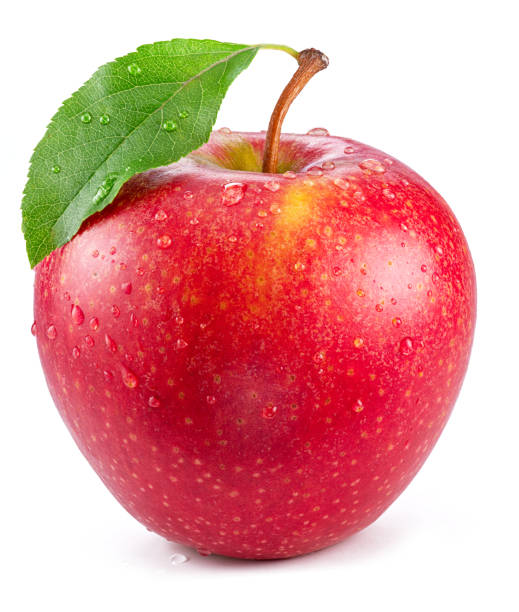 istock Ripe perfect red apple covered with small water drops on white background. 1605993675