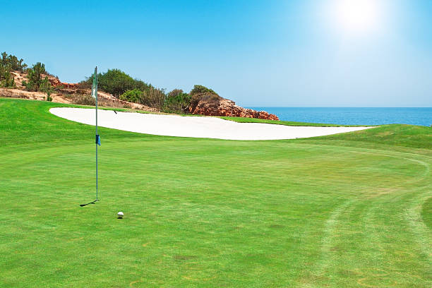 Golf course on the background of sea. Summer. stock photo