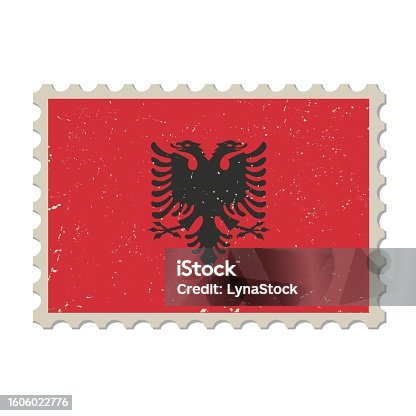 istock Albania grunge postage stamp. Vintage postcard vector illustration with Albanian national flag isolated on white background. Retro style. 1606022776