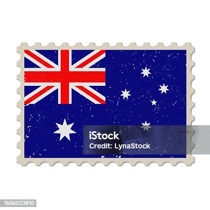 istock Australia grunge postage stamp. Vintage postcard vector illustration with Australian national flag isolated on white background. Retro style. 1606023810