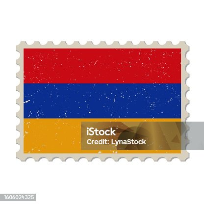 istock Armenia grunge postage stamp. Vintage postcard vector illustration with Armenian national flag isolated on white background. Retro style. 1606024325