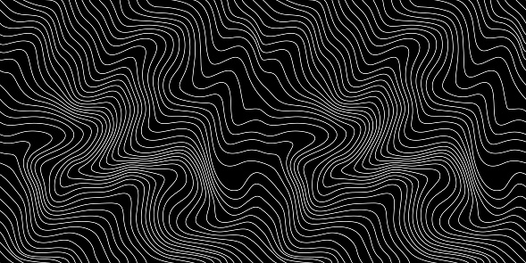 Vector Weather Map Background. Abstract Seamless Pattern with Contour Lines Isolated on Black Bg. Geometric Linear Topographic Texture.