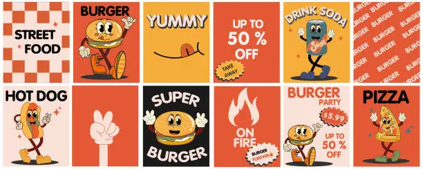 Vector illustration of Burger retro cartoon fast food posters and cards. Comic character slogan quote and other elements for burger,Hot dog bar restaurant. Social media templates stories posts. Groovy funky vector