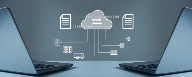 Data transfer concept, internet server connection. Two computers exchanging files through cloud server. Cloud technology. Data storage. Networking and internet service concept. File sharing isometric.