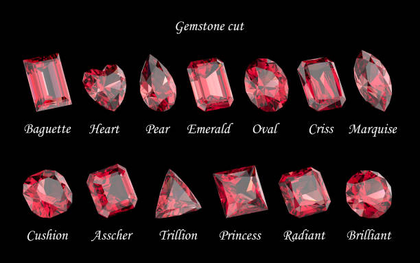 istock Set of rubies in different cuts in perspective. Crystals on a black background. 3d rendering. 1606115335