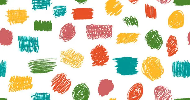 Vector illustration of Scribbles seamless pattern. Hand drawn colorful pencil curly lines. Marker drawing squiggles, strokes vector illustration. Paint brush sketches. Scrawl textured freehand wallpaper. Kids background
