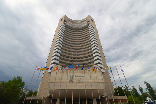 Bucharest, Romania. 5th May, 2023: The Grand Hotel Bucharest, former InterContinental, which hosts the Superbet Chess Classic Romania 2023, the first stage of the Grand Chess Tour 2023 circuit, held in Bucharest on May 5th, 2023. During the 10 days of the tournament, May 5-15, ten of the best FIDE rated players will compete.
